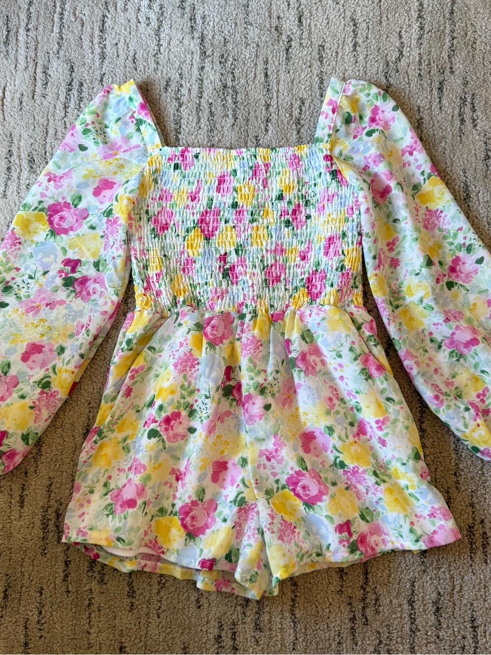 Janie and Jack Floral Smocked Romper in Pink, Yellow & Green